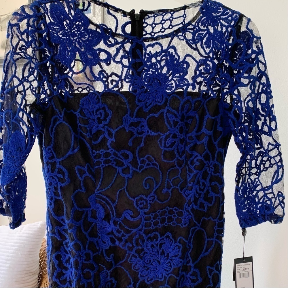 Adrianna Papell Juliet Lace Pleated Sheath Dress Blue Black Size 10P NWT - Picture 3 of 9
